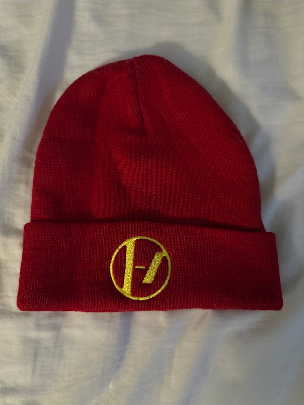 Twenty One Pilots Official Red Knit Beanie with Yellow Logo Accent